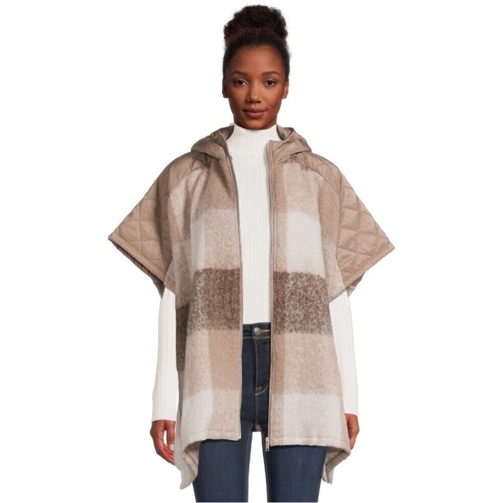 Time and Tru Women’s Plaid Zip Poncho with Hood Size S-M